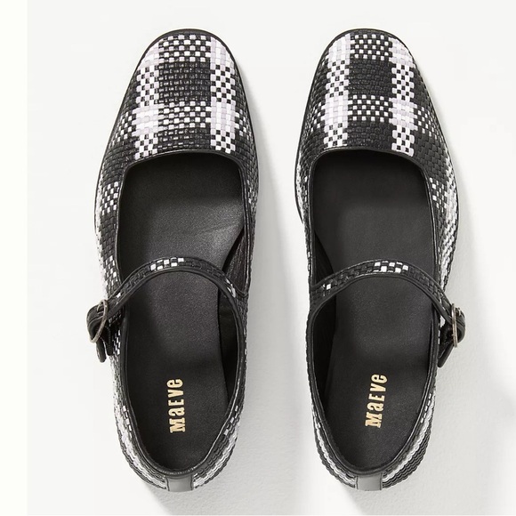 Anthropologie Maeve Black/White Leather Square Toe Woven Mary Jane Flats NWT - Picture 4 of 14
